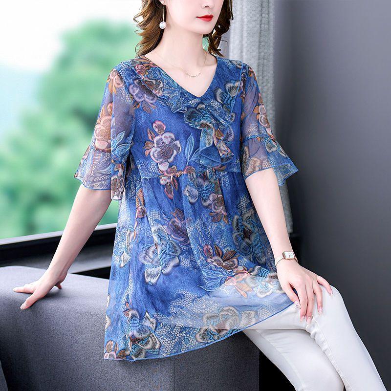 Women's Plus Size Blouse Summer Stretch Print Mesh Blouse Oversized Shirt Short Sleeved Loose  Blouse Top