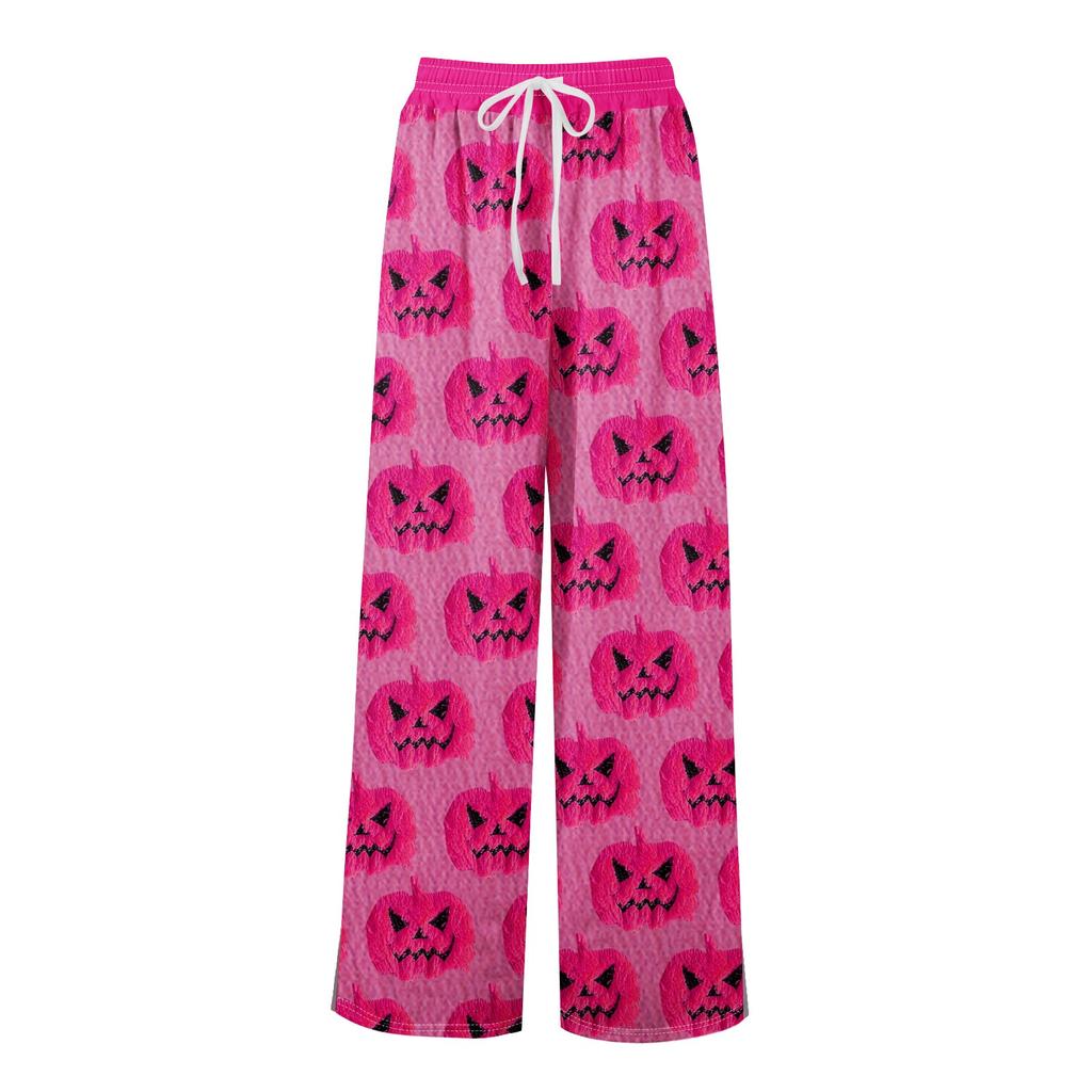 Women Summer Boho Palazzo Pants High Waist Wide Leg Halloween Printing Casual Trousers With Pockets