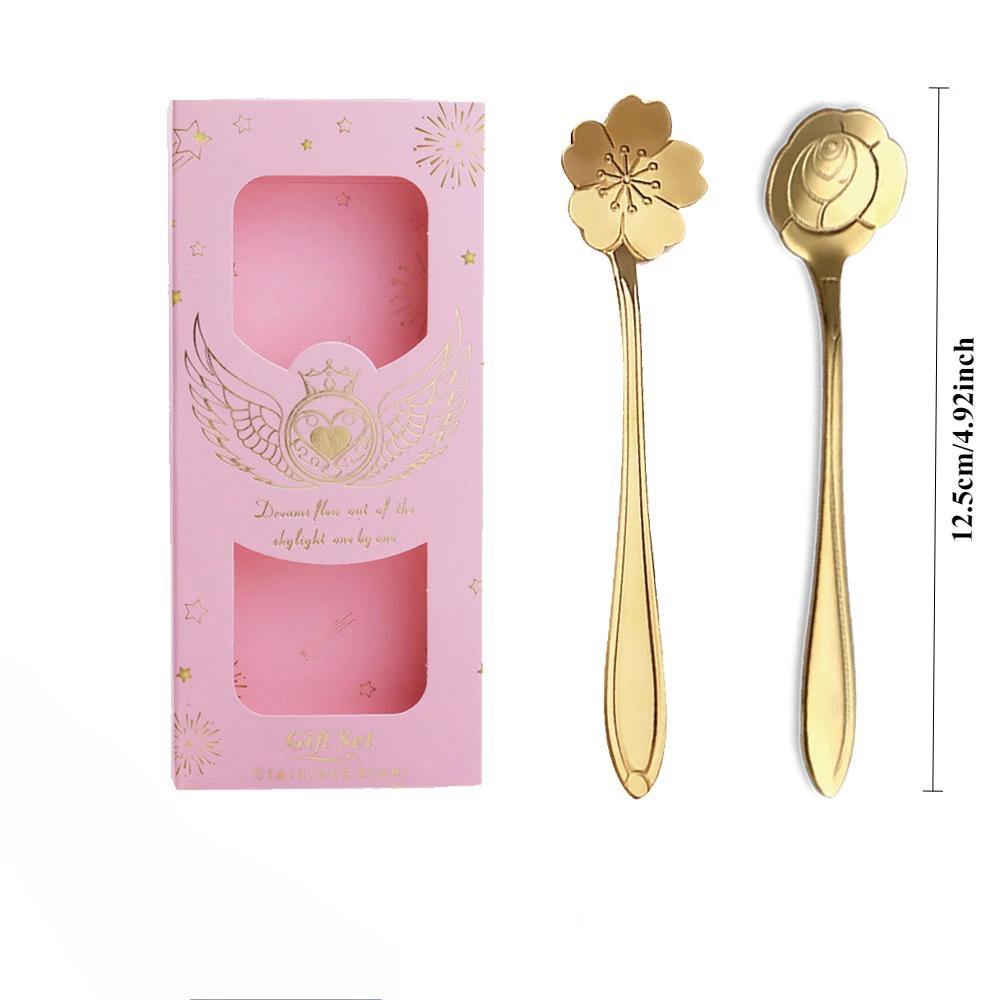 2Pcs/set Creative Stainless Steel Flowers Shape Dessert Spoons Kids Sugar Spoons Set Kitchen Accessories Wedding Gift Box Set