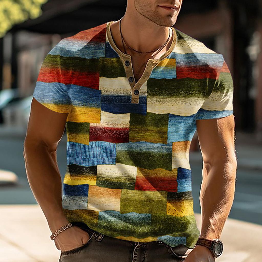 Men'S Printed T-Shirt Outdoor Retro Button Loose Short Sleeve Top