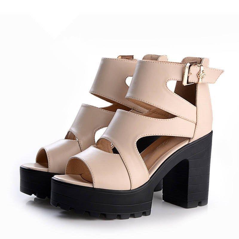 Women Thick Sole Boots Fish Mouth Women's High Heel Hollow Roman Sandals