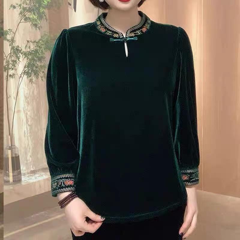 Elegant Embroidered Gold Velvet Stand-Up Collar Top for Mature Women, Plus Size, Tummy-Concealing