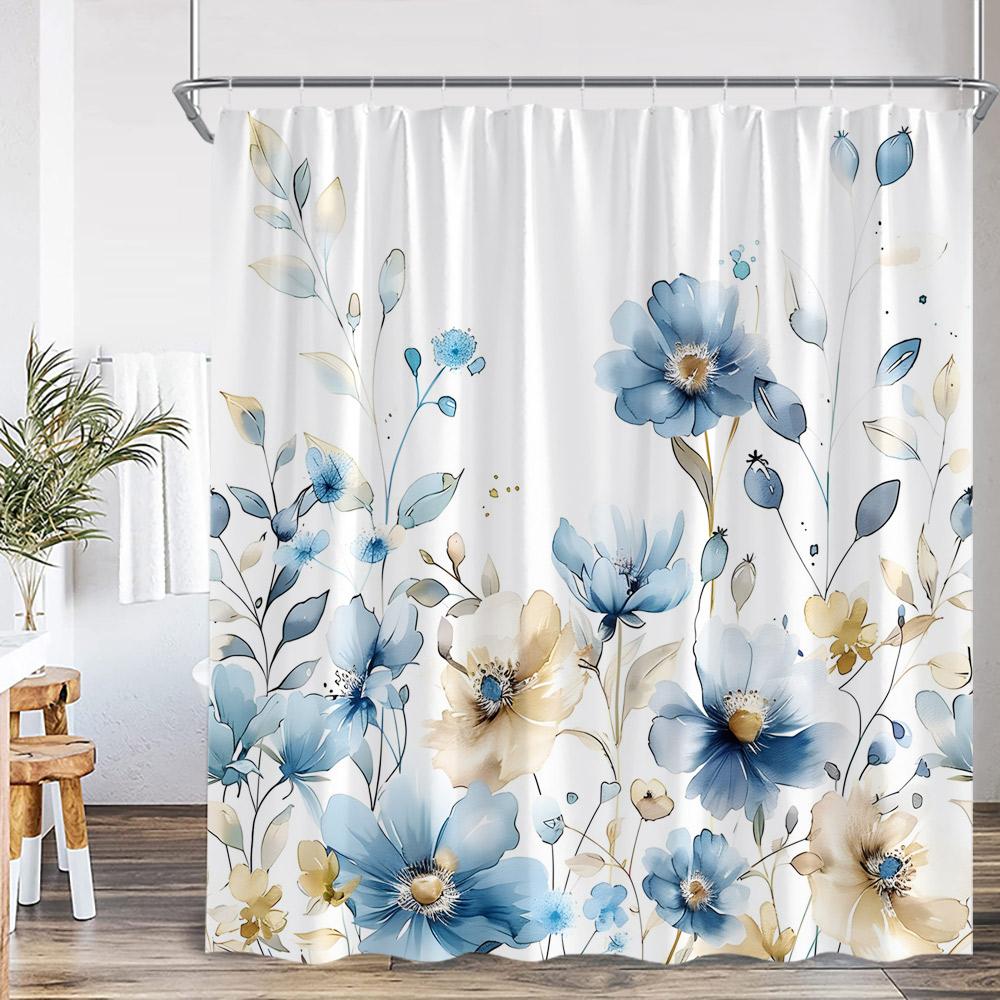 Watercolor Floral Shower Curtain Daisy Herb Plant Flower Botanical Bathroom Decor Modern Dark Polyester Bath Curtain With Hooks