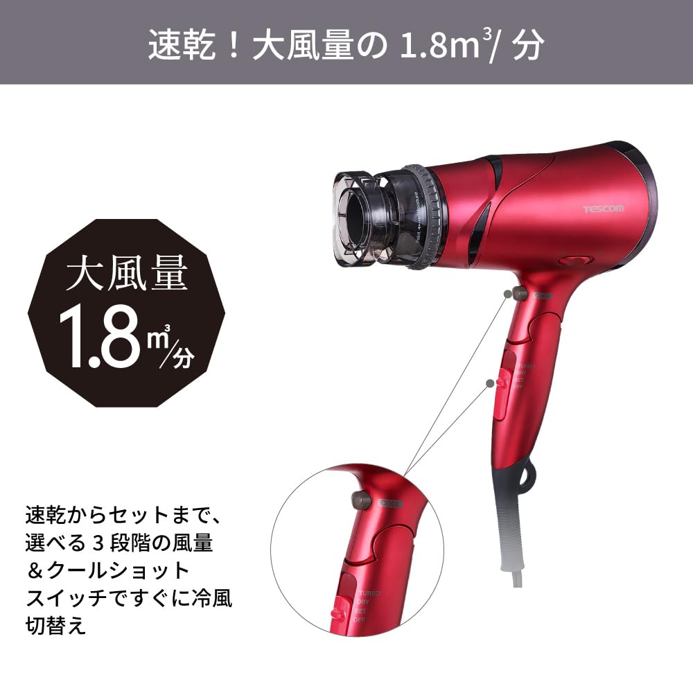 Tescom Hair Dryer, Negative Ion, Foldable, High Airflow, Easy-to-Open Plug, Purple, TD430B-V