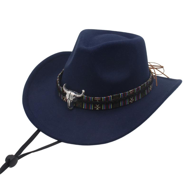 Metal Bull Head Tibetan Ethnic Style Top Hat Windbreak Rope Western Cowboy Jazz Top Hat European And American Felt Hat