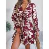 Women's Autumn/winter Casual Flower Lace-up Long Sleeve A-line Dress with Wooden Ear Trim