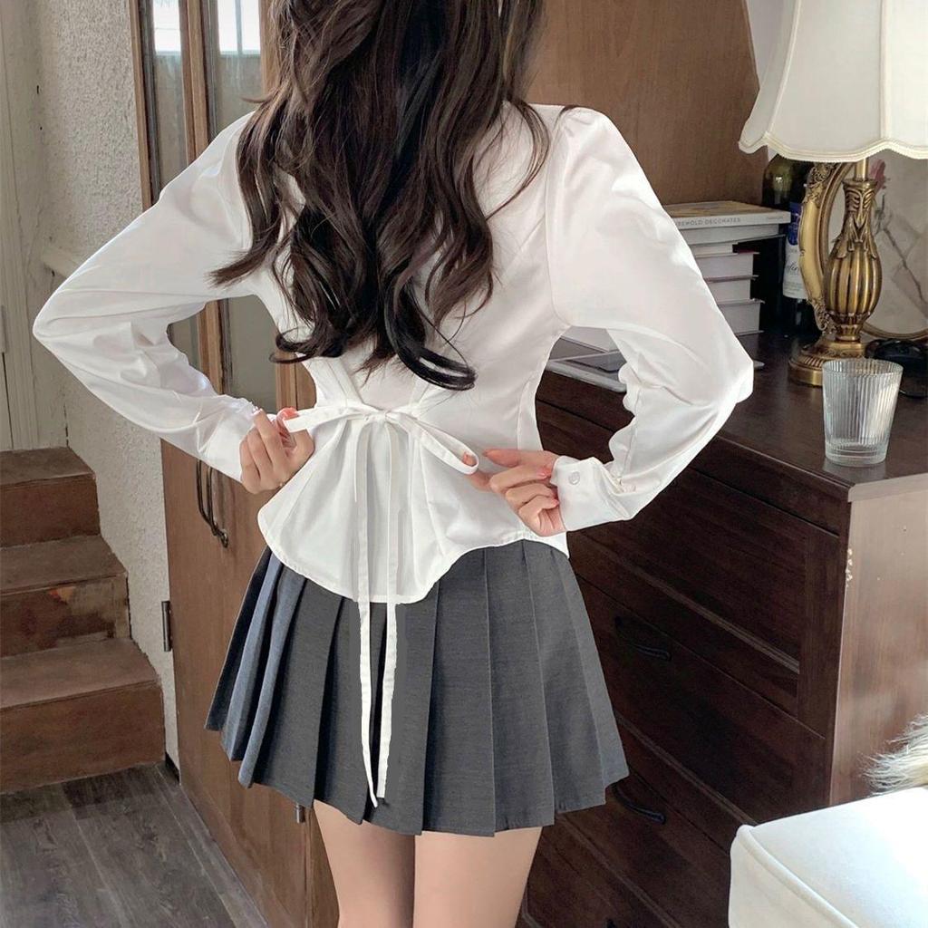 Sweet & Spicy Academy Style Slim-Fit Long Sleeve White Shirt for Women