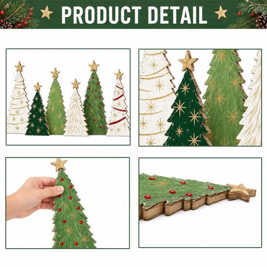 Layered Wooden Tree Ornament Sets 6Pcs Christmas Tabletop Decor Set, Rustic Star Topped Window Display Accents Mini Figurines, Farmhouse Xmas