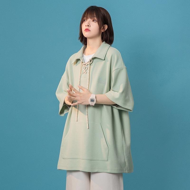 Women's Waffle T-shirt Summer Lapel Collar Drawstring Design Girls' Solid Tees Short Sleeve Casual Loose Oversized Tops