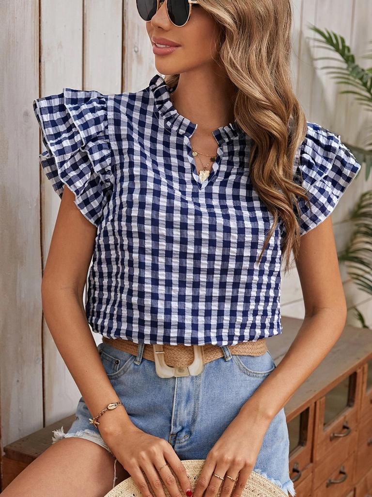 Summer Tops Double Layer Ruffled Hem Cute Sweet Girls' Dresses Check Short Sleeve