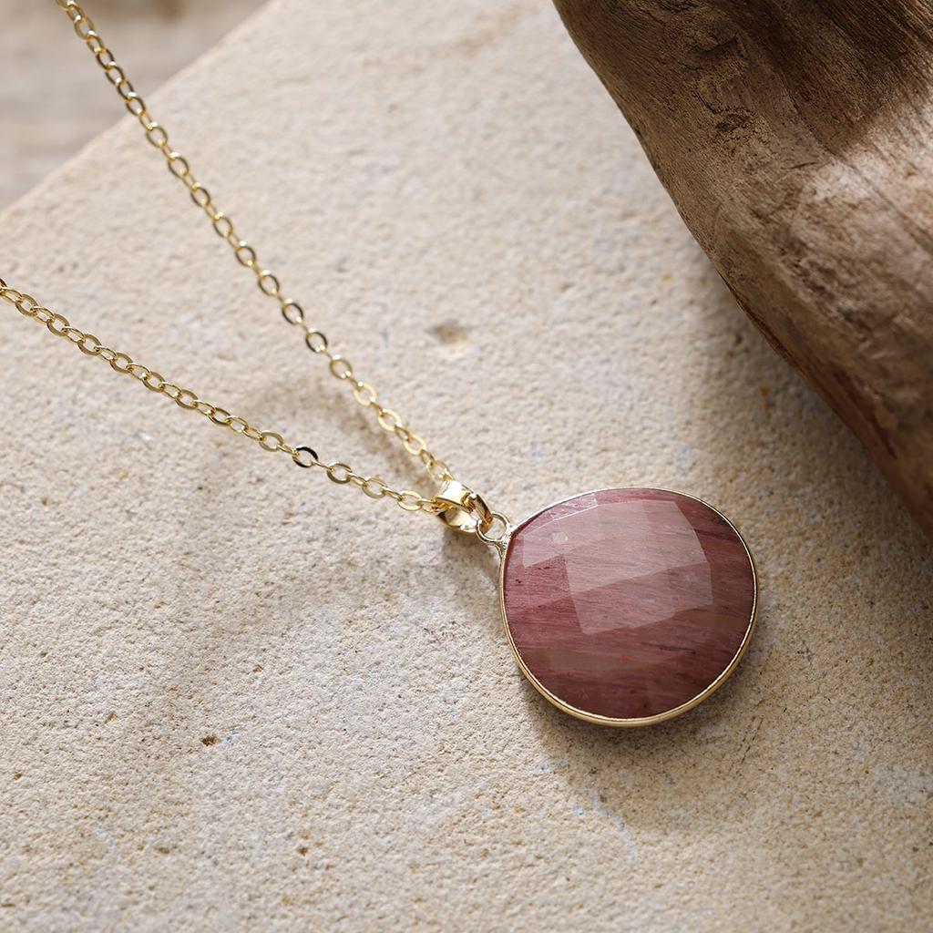 High quality simple natural stone crystal fashion French light luxury water drop pendant copper plated real gold necklace jewelry