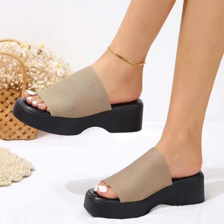 Plus Size European & American One-Word Thick Sole Slope Heel Slippers