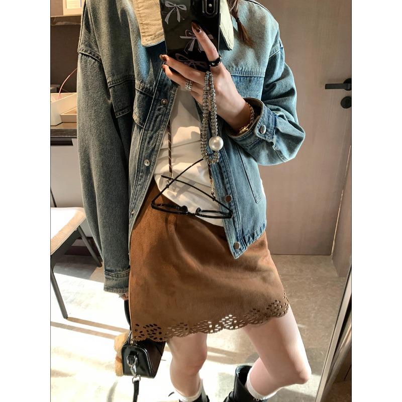 Mochie Spring Retro Suede Hollow Lace High Waist A-line Mini Skirt Small коричневый