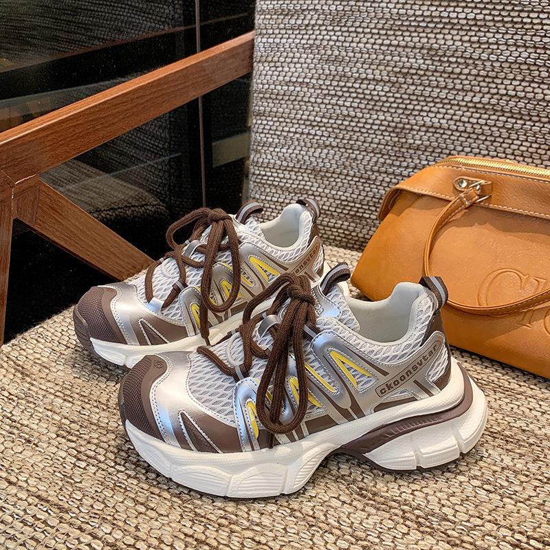 Thick-soled Imitation Leather Dad Shoes for Women 2025 Autumn New Mesh Breathable Versatile Casual Sports Running Shoes