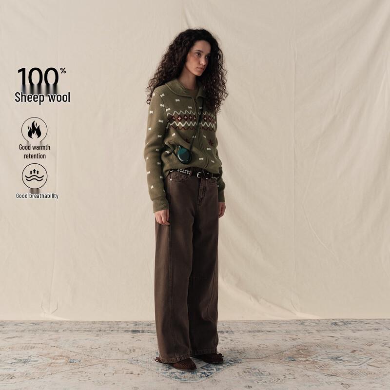 GREEN BELT Women's Pure Wool Fair Isle Knit Cardigan