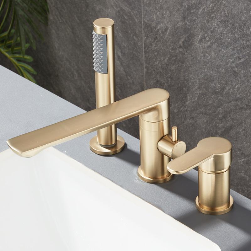 Brushed Gold Bathroom Widespread Basin Faucets Soild Brass Sink Mixer Hot & Cold Lavatory Crane Vessel 3 Holes With Spray Black