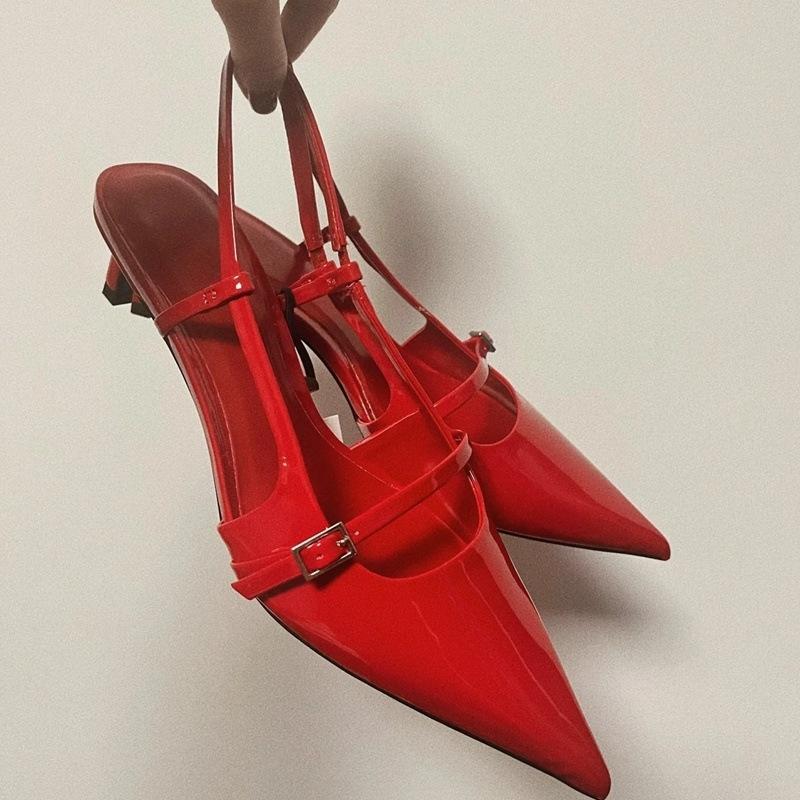 

Баотоу с открытой пяткой, украшение с пряжкой, туфли на высоком каблуке, лакированная кожа, остроносые сандалии-стилетто 37 красный