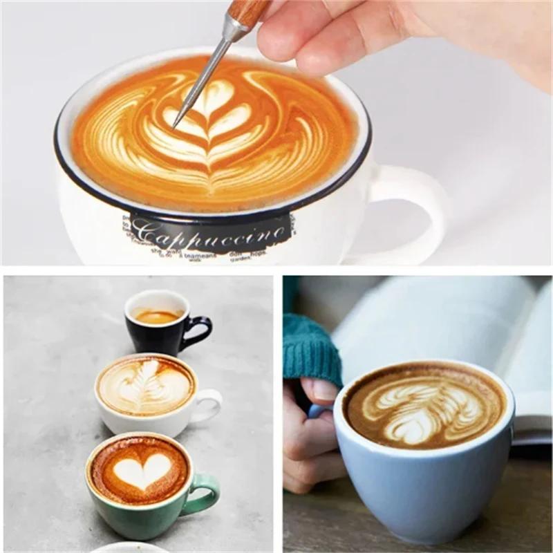 Stainless Steel Coffee Decorating Art Pen Wooden Handle Latte Pull Flower Needle Barista Tool Coffee Accessories Modeling Tool