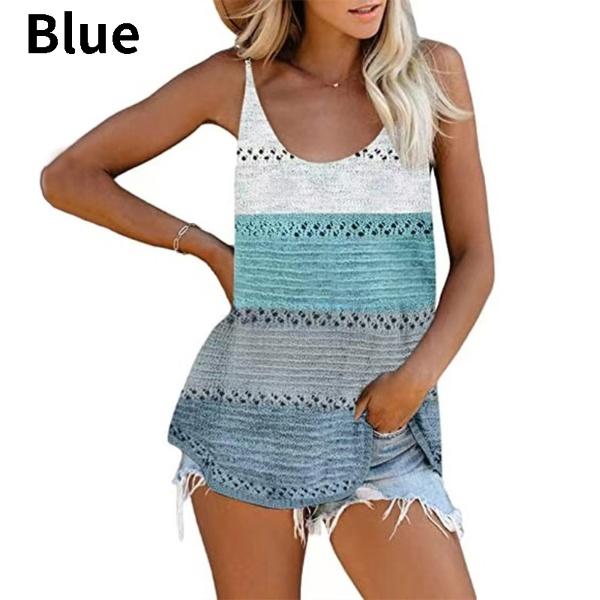 Fashion Women Summer O-Neck Knited Tank Tops Casual Loose Sleeveless Cami Color Block Blouse Shirts Beach Vest Tank Tops Plus Size