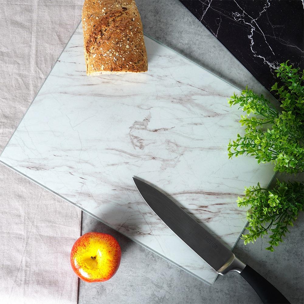 Glass Kitchen Cutting Board, Anti-Slip, White Marble, 30x40 cm