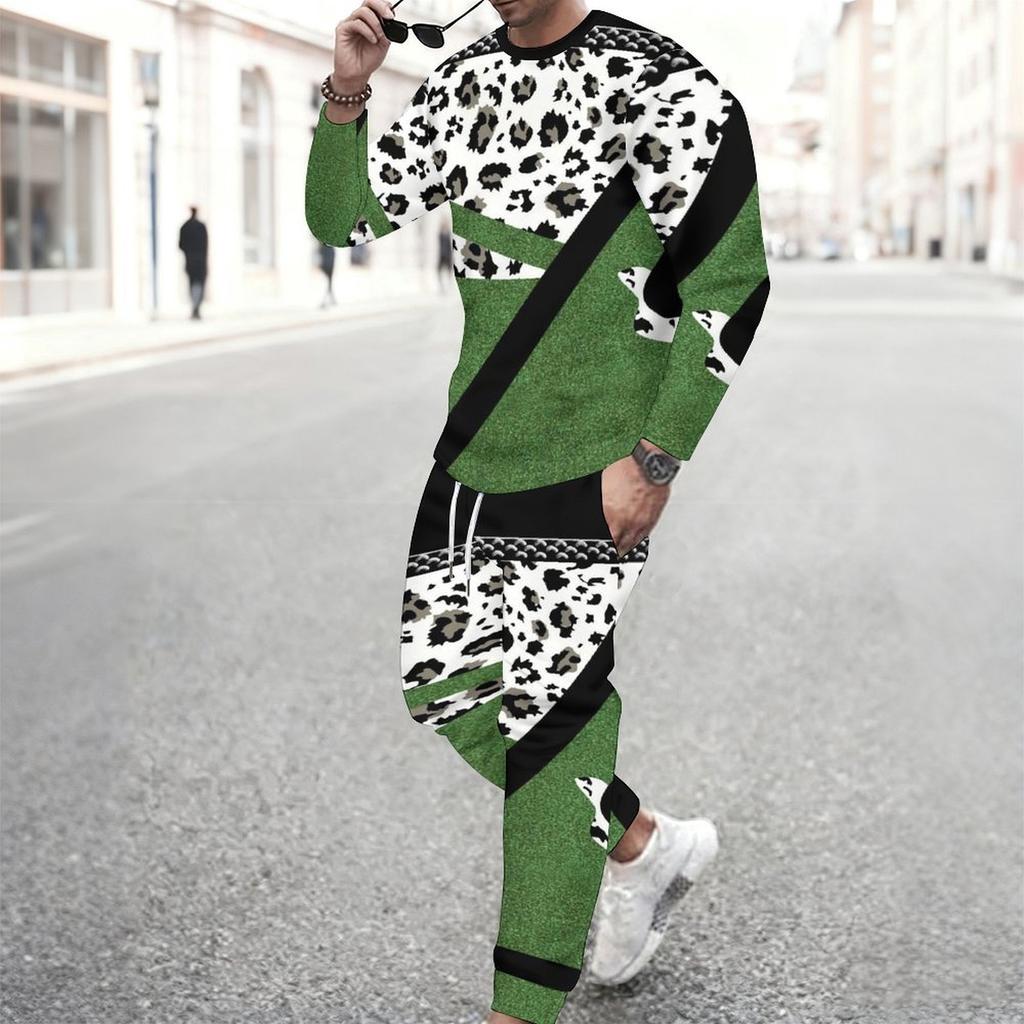 Men Retro Mosaic Hexagon Marble Texture Print Long Sleeve Sweatshirt Jogger Pants Two Piece Suit