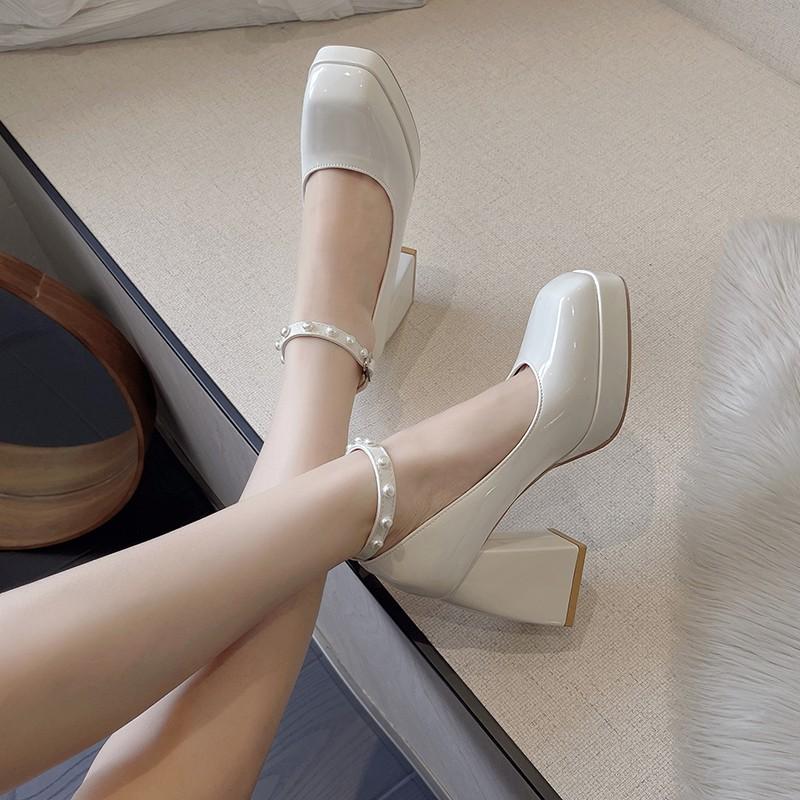 Women's Pumps 2024 Autumn Fashion High Heels Women Korean Style Versatile Mary Jane Chunky Heel Pumps Pearl Buckle Party Shoes