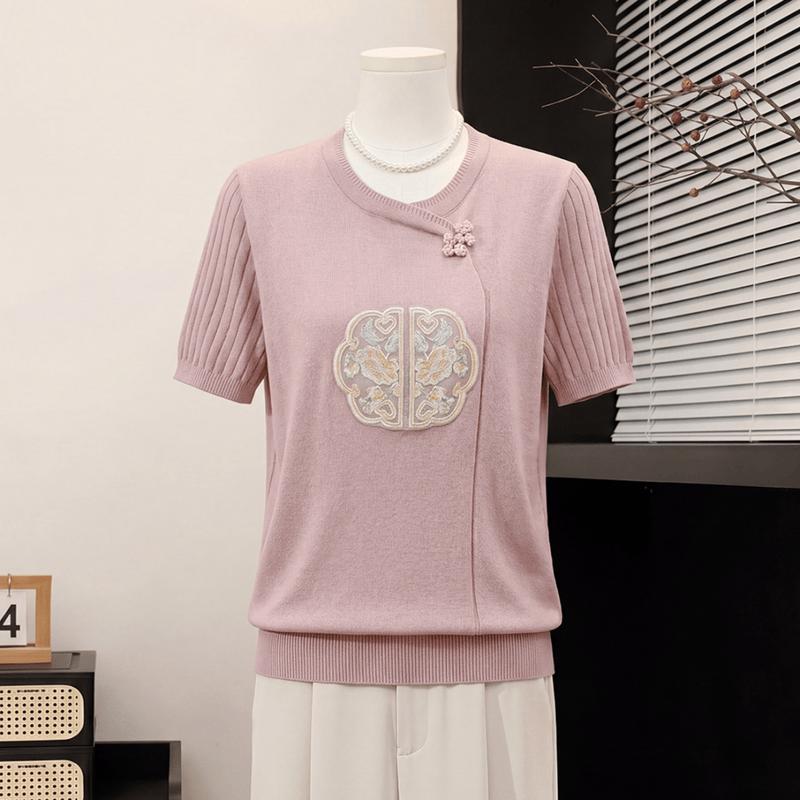 Yuzhaolin Summer New Chinese Style Embroidered Knit Top for Mid-Aged Women