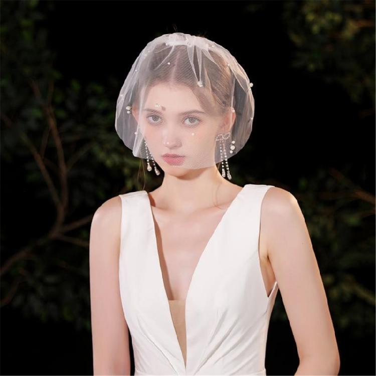 Pearls Bridal Veil Studded Stylish Graceful Head Cover Wedding Hair Accessory White Net Veil Wedding Photo Props