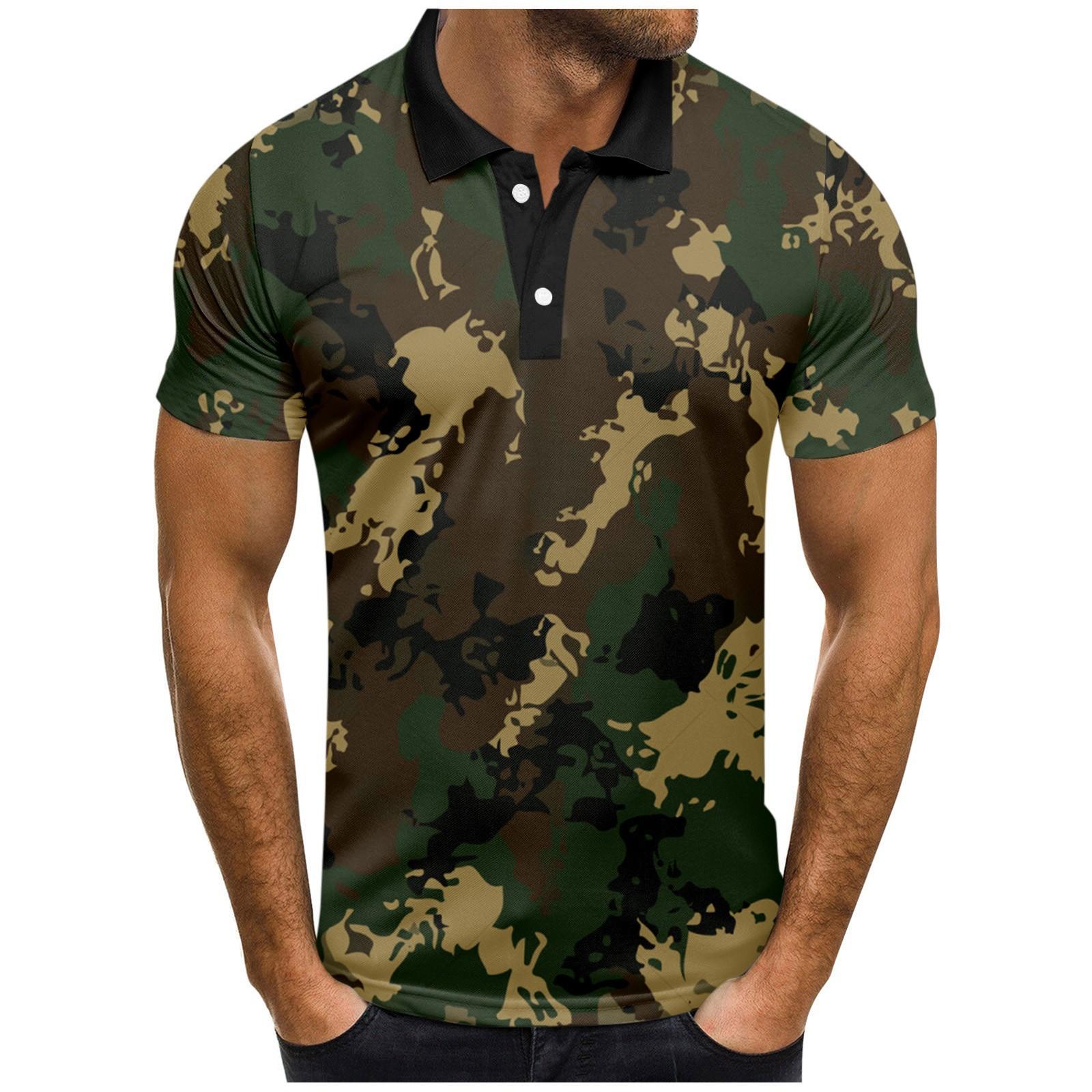 Men s Fashion Casual Short Sleeve Camouflage Printed Lapel T-Shirt Tops L