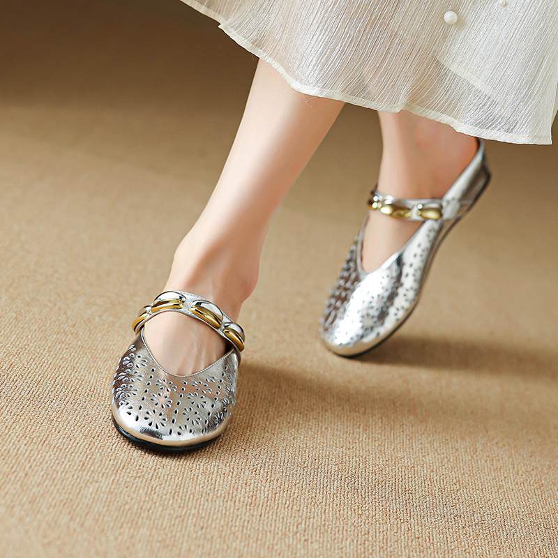 Krazing Pot Cow Skin Mules Round Toe Size 42 Low Heels Slip On Light Shoes Increased Hollow Style Autumn Pumps