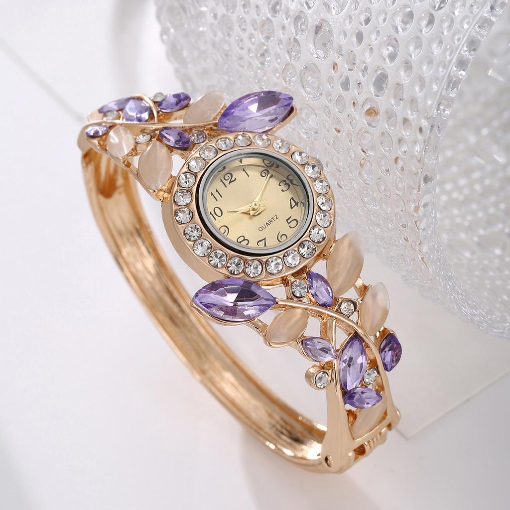Korean Women's Rhinestone Leaf Quartz Watch Decorative Bracelet Wristwatch