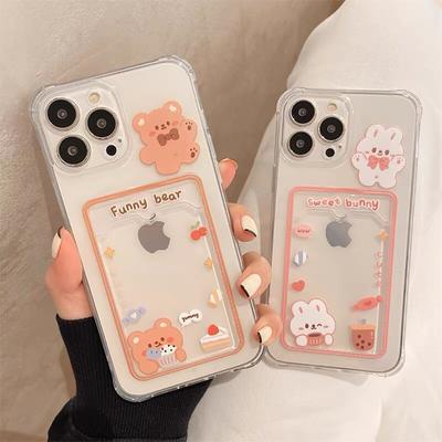 Cute Rabbit Cartoon Bear Clear Phone Case For Iphone 13 Pro Max 12 11 Xs Xr 7 8 14 Plus Card Holder Wallet Soft Shockproof Cover