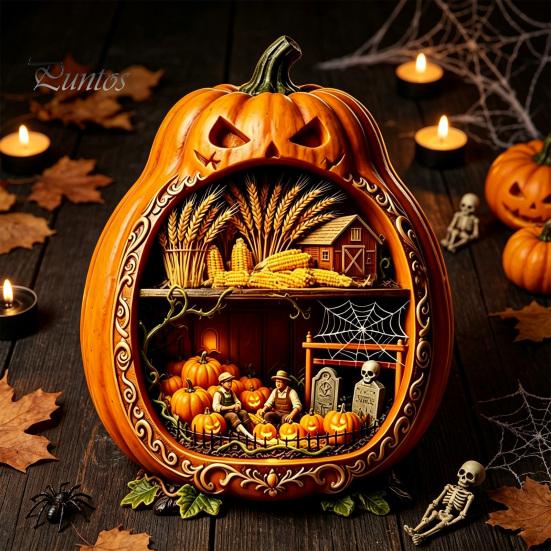 Indoor Halloween Ornaments Centerpiece Pumpkin, Wooden Pumpkin Ornament with Miniature Scenes, Rustic Unique Table Centerpieces Skeleton for Farmhouse