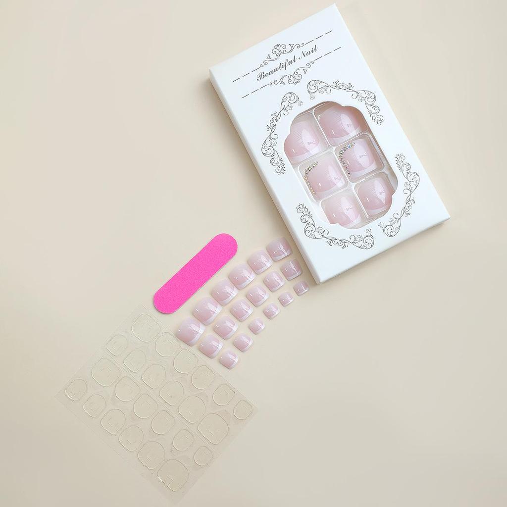 Removable Wearable Short Toenails: White French Edge with Rhinestones Fake Nail Stickers