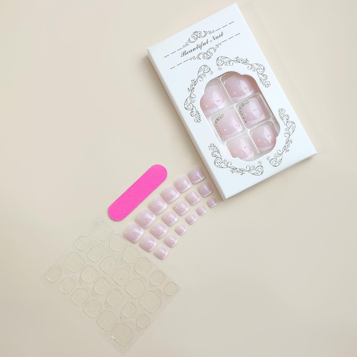 

Removable Wearable Rhinestone French White Stripe Press-On Toenails