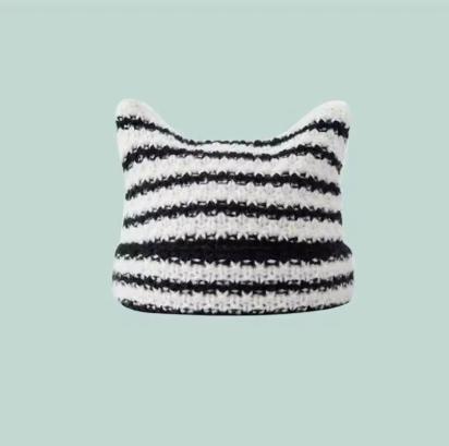 Unisex Katzenohren Streifen Strickmütze Japanischer Stil Winter Warm Paar Beanie Minimalistisch Kaltwetter Outdoor Mode Warme Mütze 54-58cm black