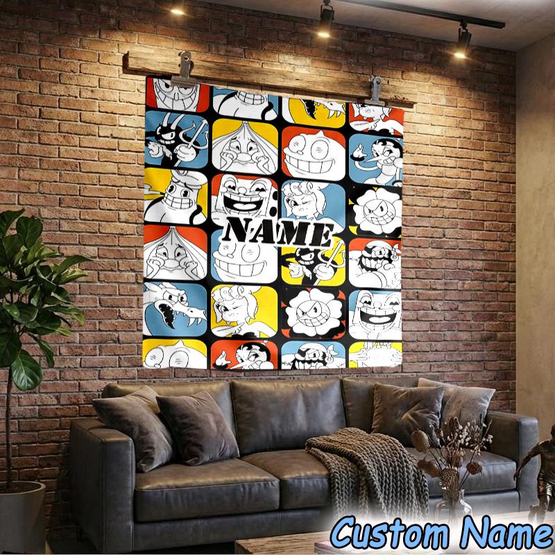 Custom Name Tapestry Cuphead Tapestry, Unique Design Tapestry, Suitable for Bedroom,Livingroom, Playroom,Heartwarming Fan Holiday Gifts