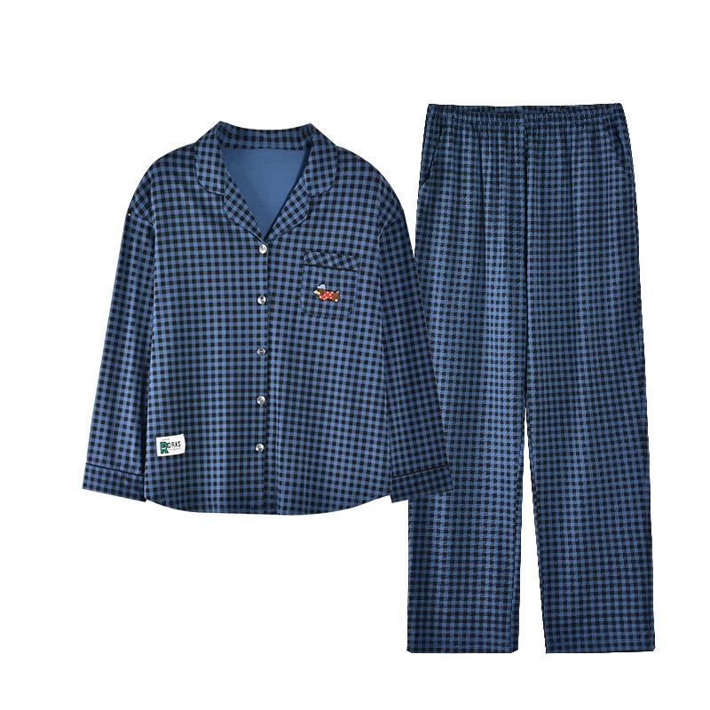 Couple's Plaid Cotton Pajamas Set: Women's Long Sleeve & Pants with Turn-Down Collar