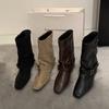 Vintage suede khaki short boots women's boots French boots autumn and winter niche design western pile boots knight boots