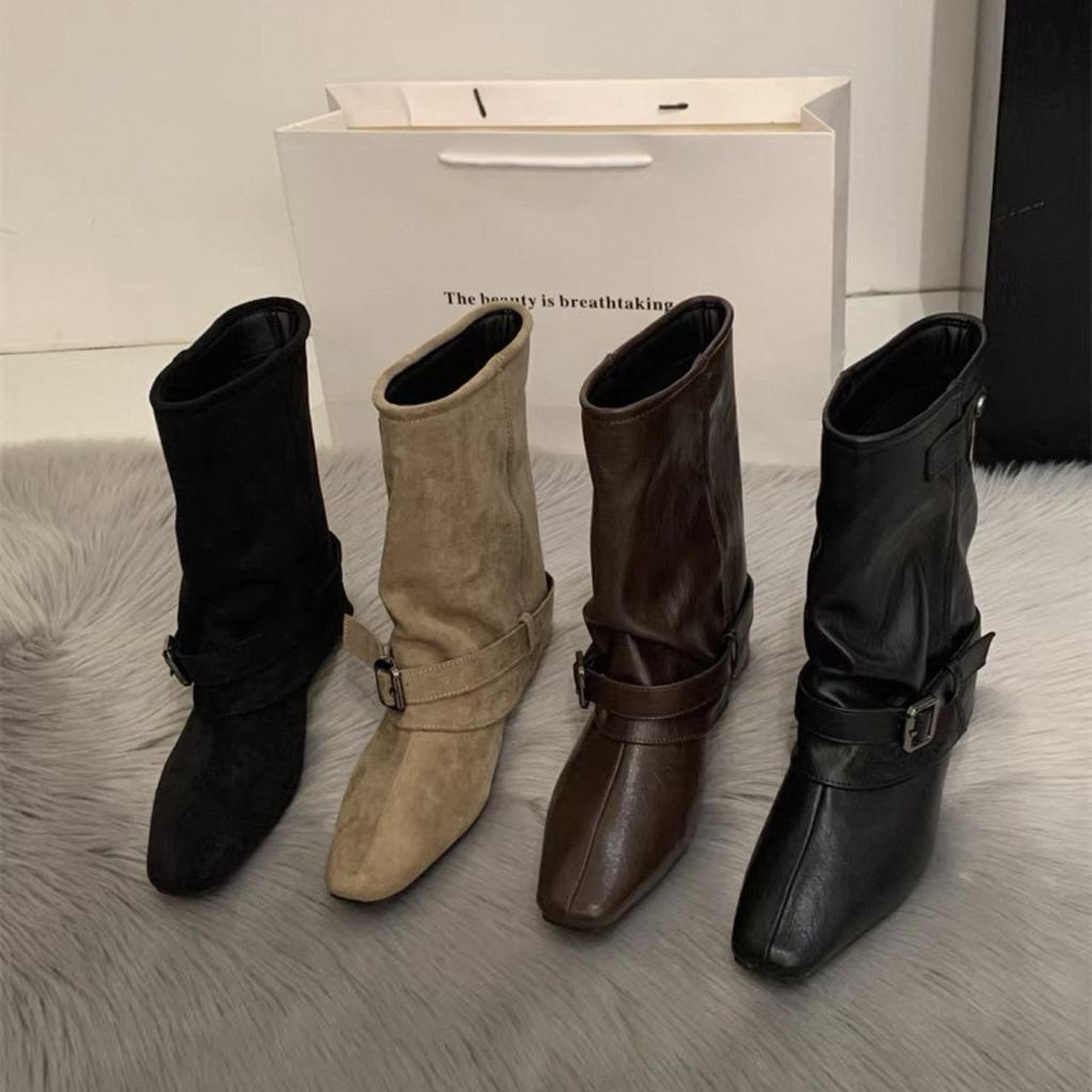 Vintage suede khaki short boots women's boots French boots autumn and winter niche design western pile boots knight boots