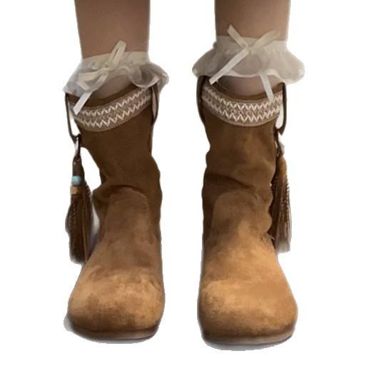 Tassel design mid-tube fashion boots autumn and winter retro fairy style thick heel outer wear versatile height-increasing short Martin boots