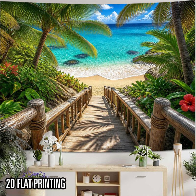 2D Flat, 1pc Horizontal Tropical Beach Tapestry Wall Hanging - Palm Tree Coconut Boardwalk Sea View Backdrop Suitable for Parties, Photo Booth Decor,