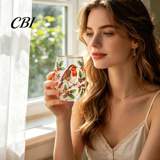 Patterned Translucent Glass Cup, Egg Shape Clear Lead-Free Crystal Enamel Painted Golden Rim Water Cup Vintage Drinking Tumbler, Large Capacity