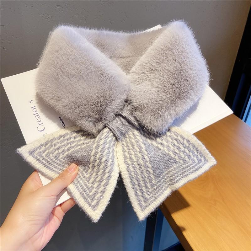 

Women Winter Warm Thicken Cross Collar Neck Warmer Solid Color Faux Rabbit Fur Plush Elegant Knitted Shawl Scarfs A11