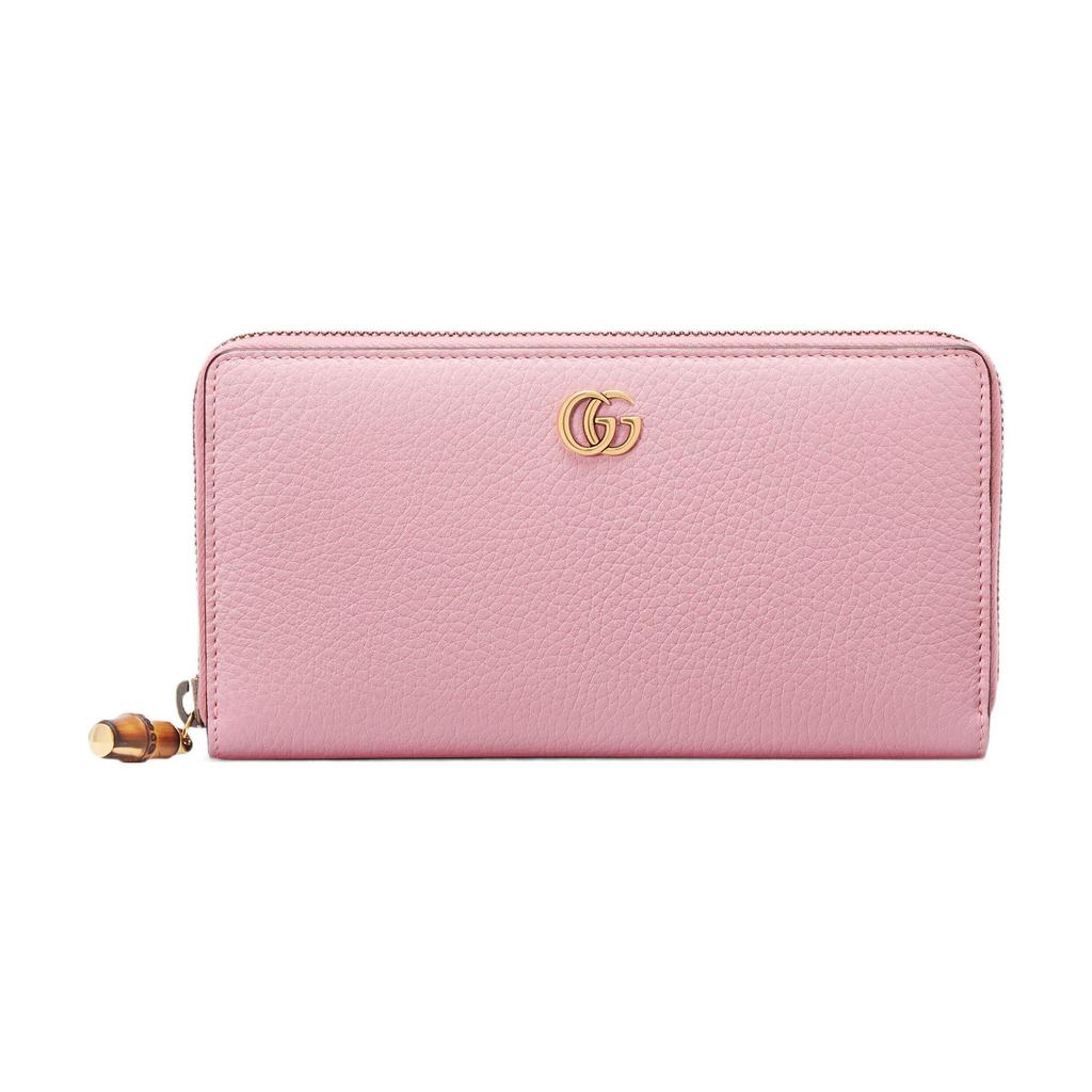 Gucci GG Marmont Pink Grained Leather Zip Around Long Wallet With Bamboo Pull For Women Luxury Daily Use