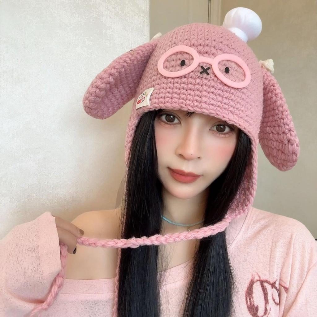 Damen-Wollmütze Herbst/Winter 2025 mit lustigem Welpenohren- und Brillen-Design