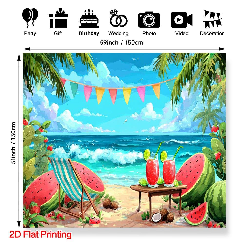 2D plane, 1 piece. 2D plane printed summer beach watermelon beverage scene photography background fabric, polyester fabric.