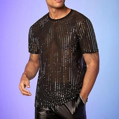 Camiseta com lantejoulas para homens, camiseta de dança moderna com bolinhas brilhantes, gola redonda, manga curta, tops de performance, tops de discoteca dos anos 1970, festivais de boate