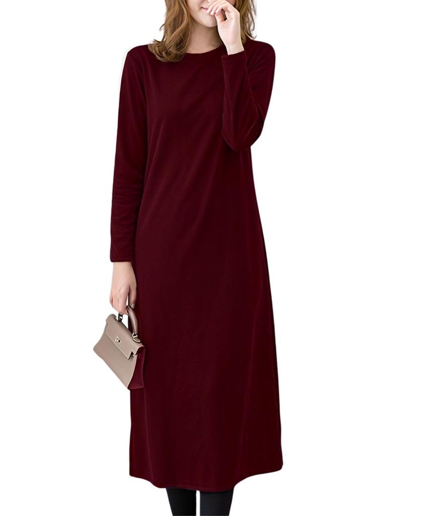 Stylish and Relaxed Dress for Long Sleeve Shirt Midi Below the Midi Solid Wine [Four leaf] Women, Spring/Autumn, Dress, T-Shirt Dress, Knee-Length,
