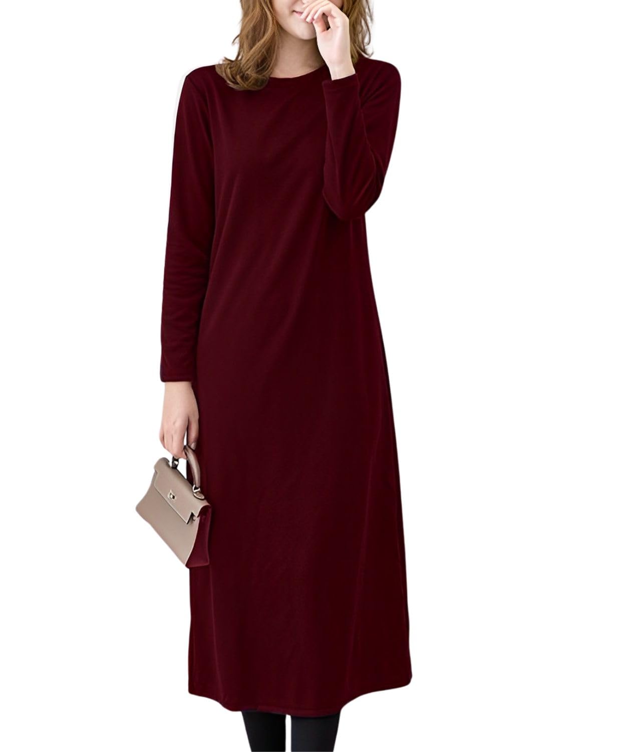 

Stylish and Relaxed Dress for Long Sleeve Shirt Midi Below the Midi Solid Wine [Four leaf] Women, Spring/Autumn, Dress, T-Shirt Dress, Knee-Length,